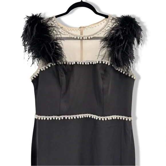 Mac Duggal Black Feather Cap Sleeve Pearl Embellished Midi Formal Dress | 2 - Picture 8 of 13